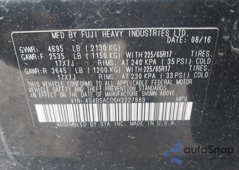 2017 Subaru Outback 2.5I Premium из США, поврежденный, VIN 4S4BSACC6H3227889